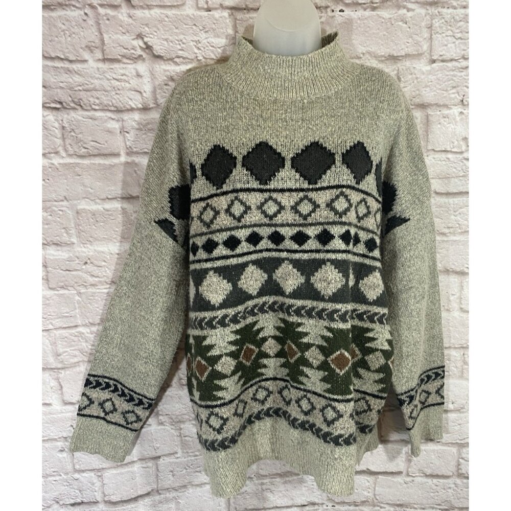 VENUS Tunic Sweater XL Gray Black Geometric Tribal Mock Neck Pullover Cozy Fuzzy